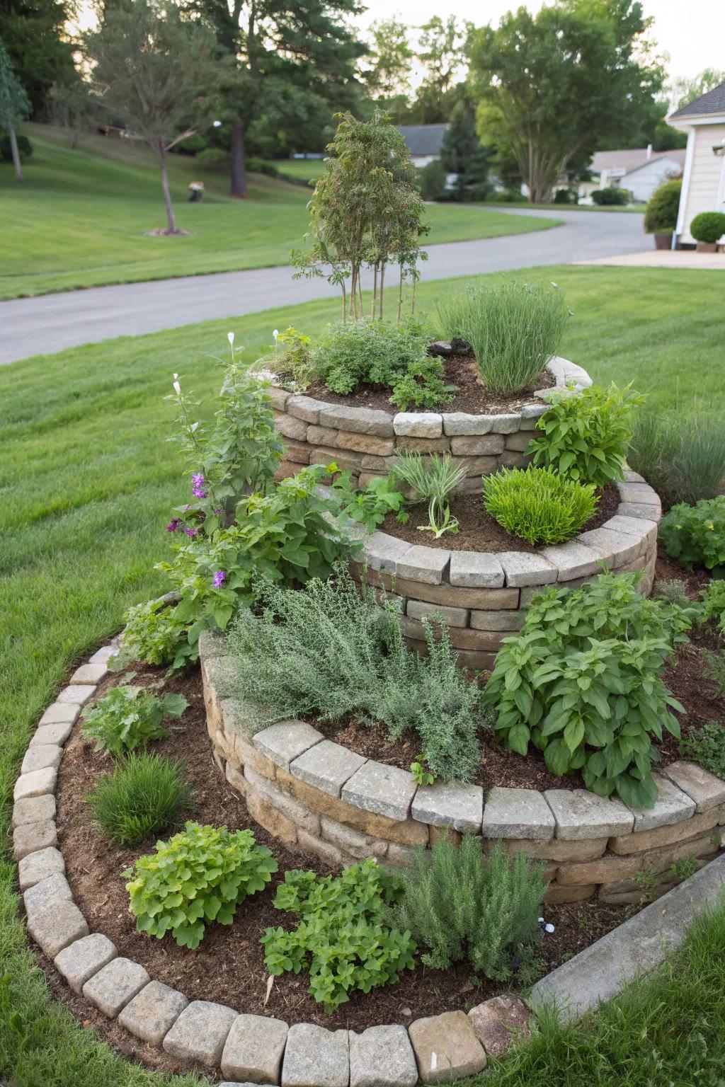 A practical and beautiful herb spiral nestled in a corner.