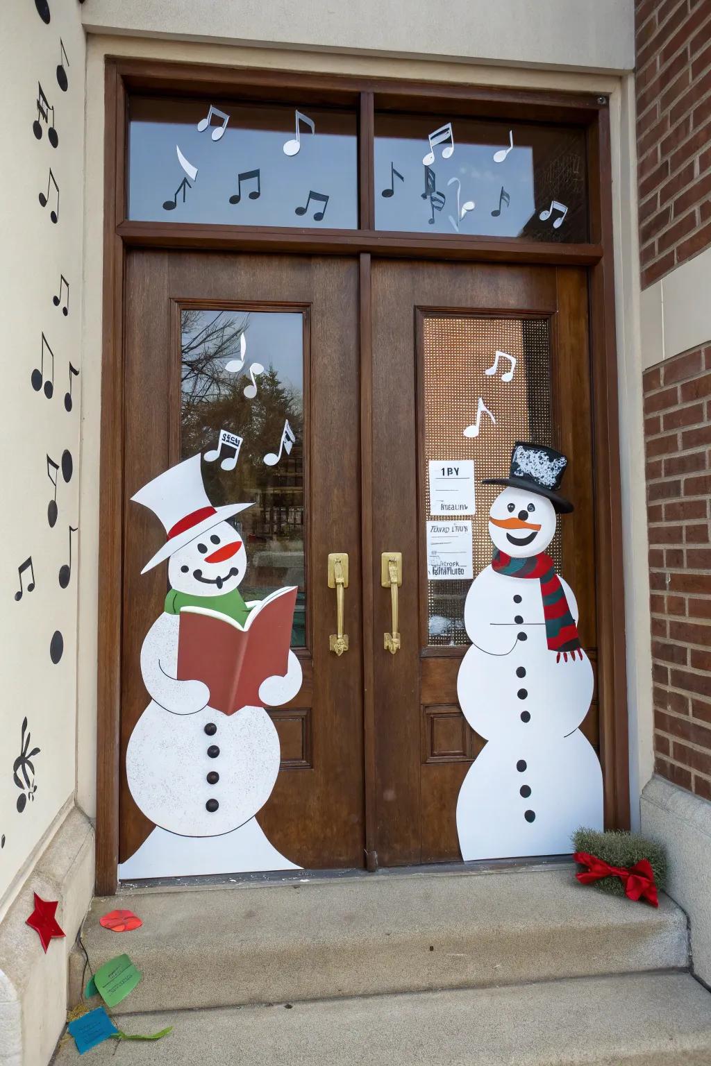 Harmonizing snowmen introduce a melodic and merry atmosphere to your holiday entrance.