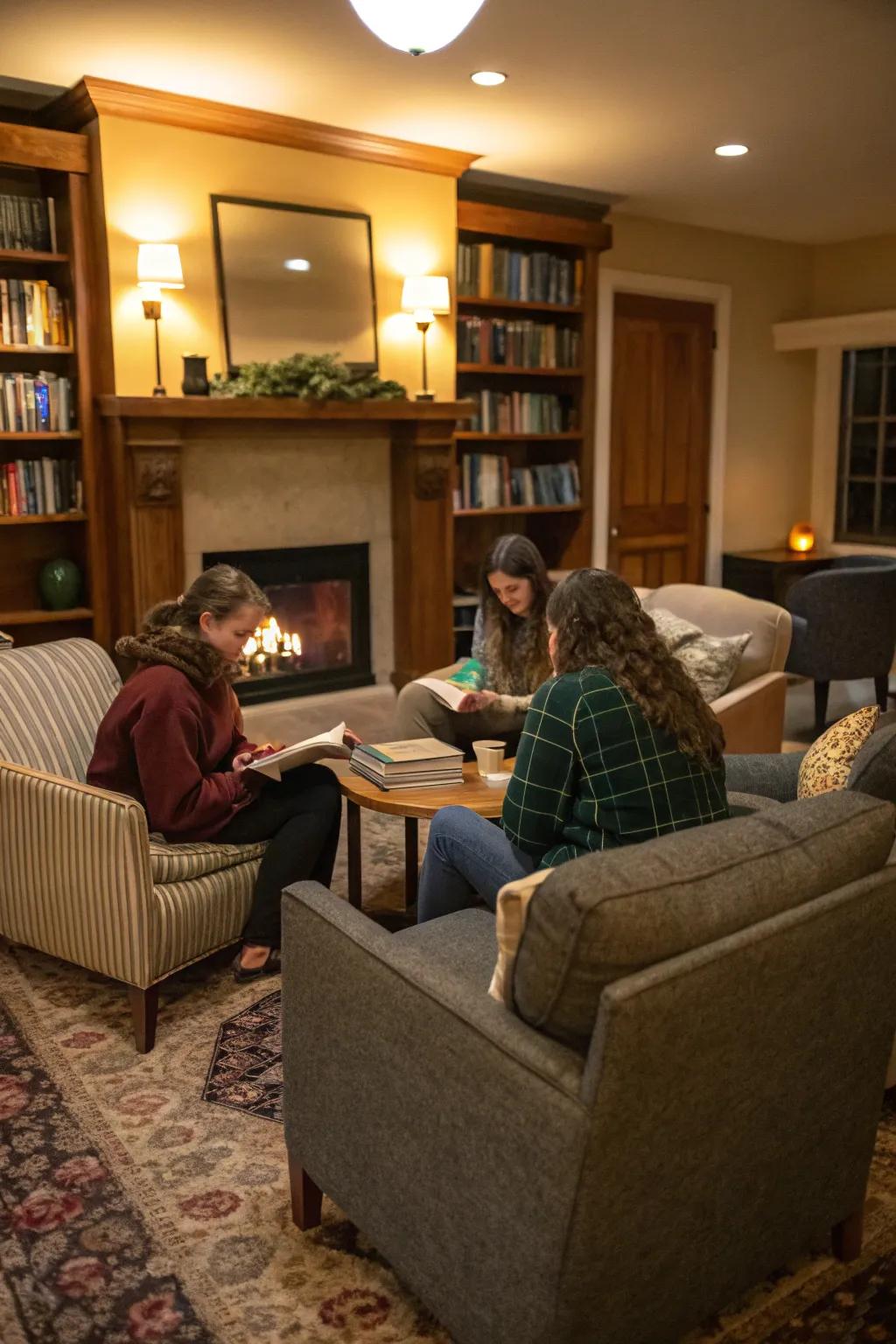 A cozy book club meeting with engaging conversations for Galentine's Day.