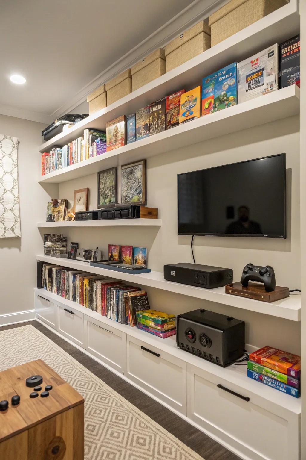 Floating shelves keep the gaming lounge organized and stylish.