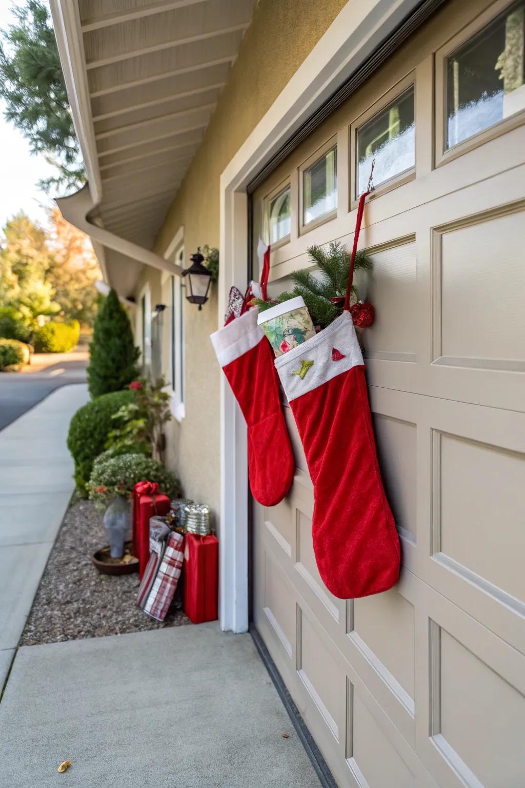 Garage door with large stockings hanging from the top.