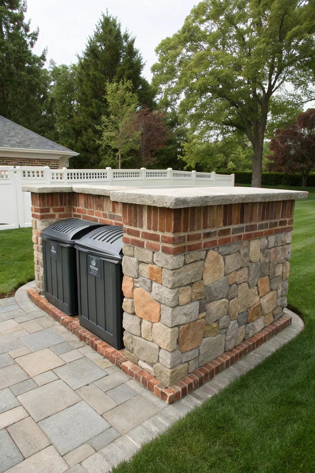 Stone and brick enclosures offer a durable and attractive trash can solution.