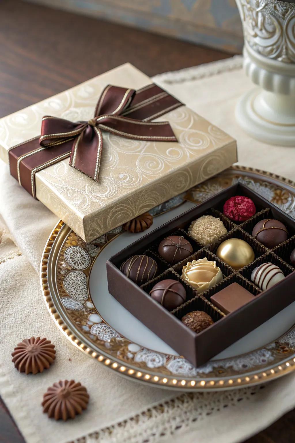 A delightful box of gourmet chocolates to savor.