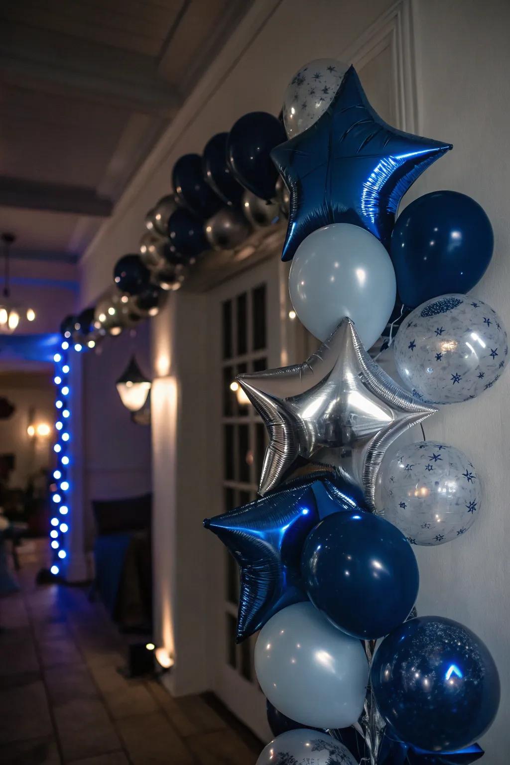 Magical starry night balloon garland creating a celestial atmosphere.