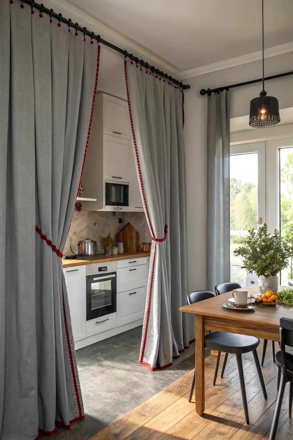 Gray window coverings exhibiting juxtaposing edges for a striking visual component.