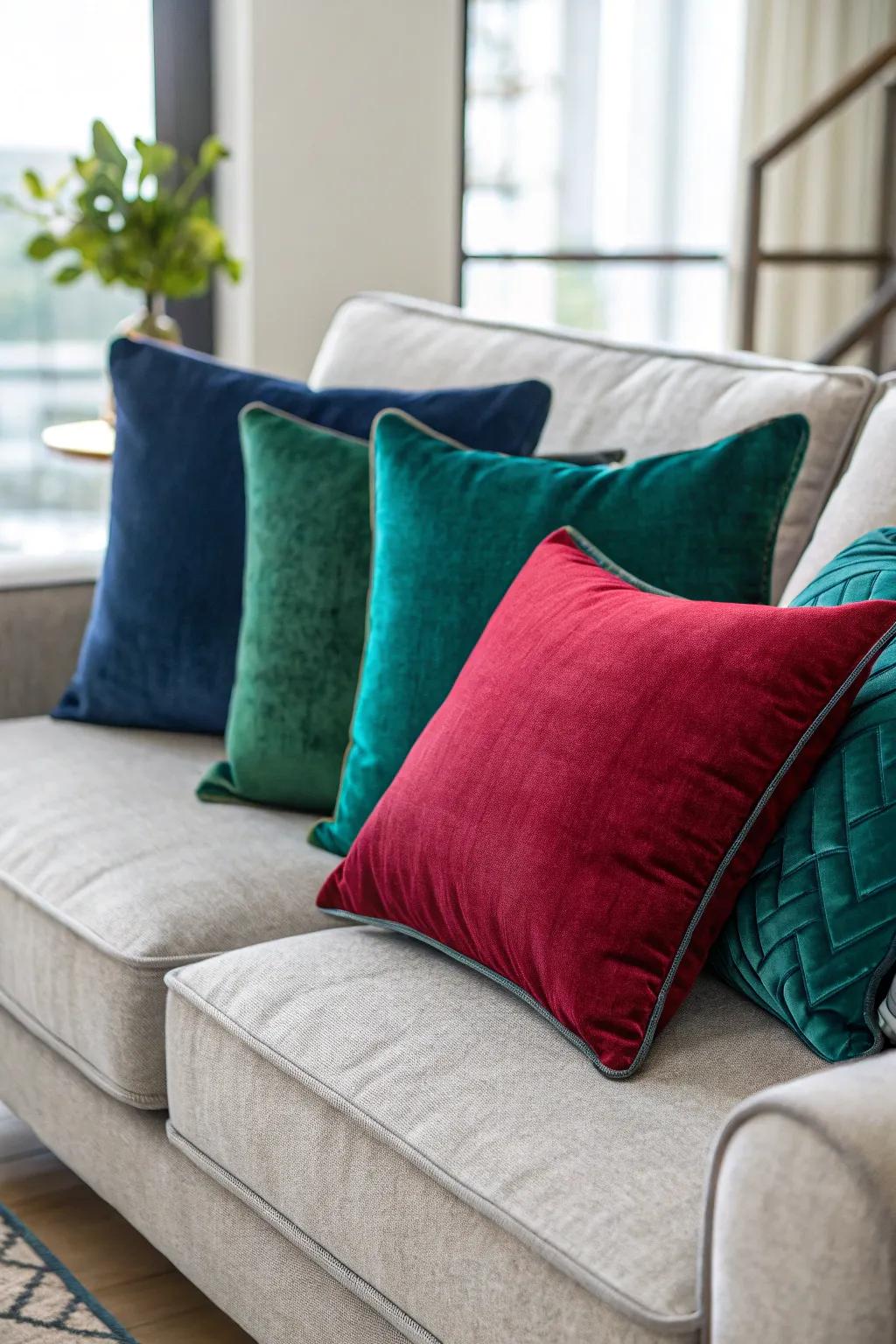 Jewel tones add a luxurious touch to a grey couch.