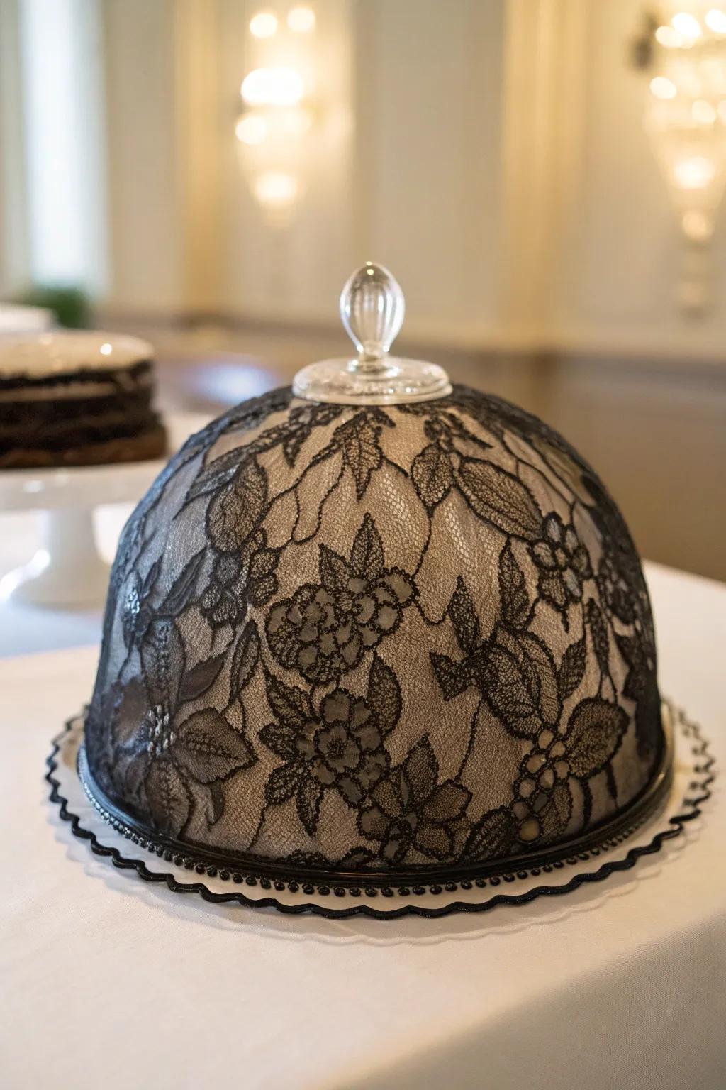 Lace fabric inside a cloche adds a touch of mystery.