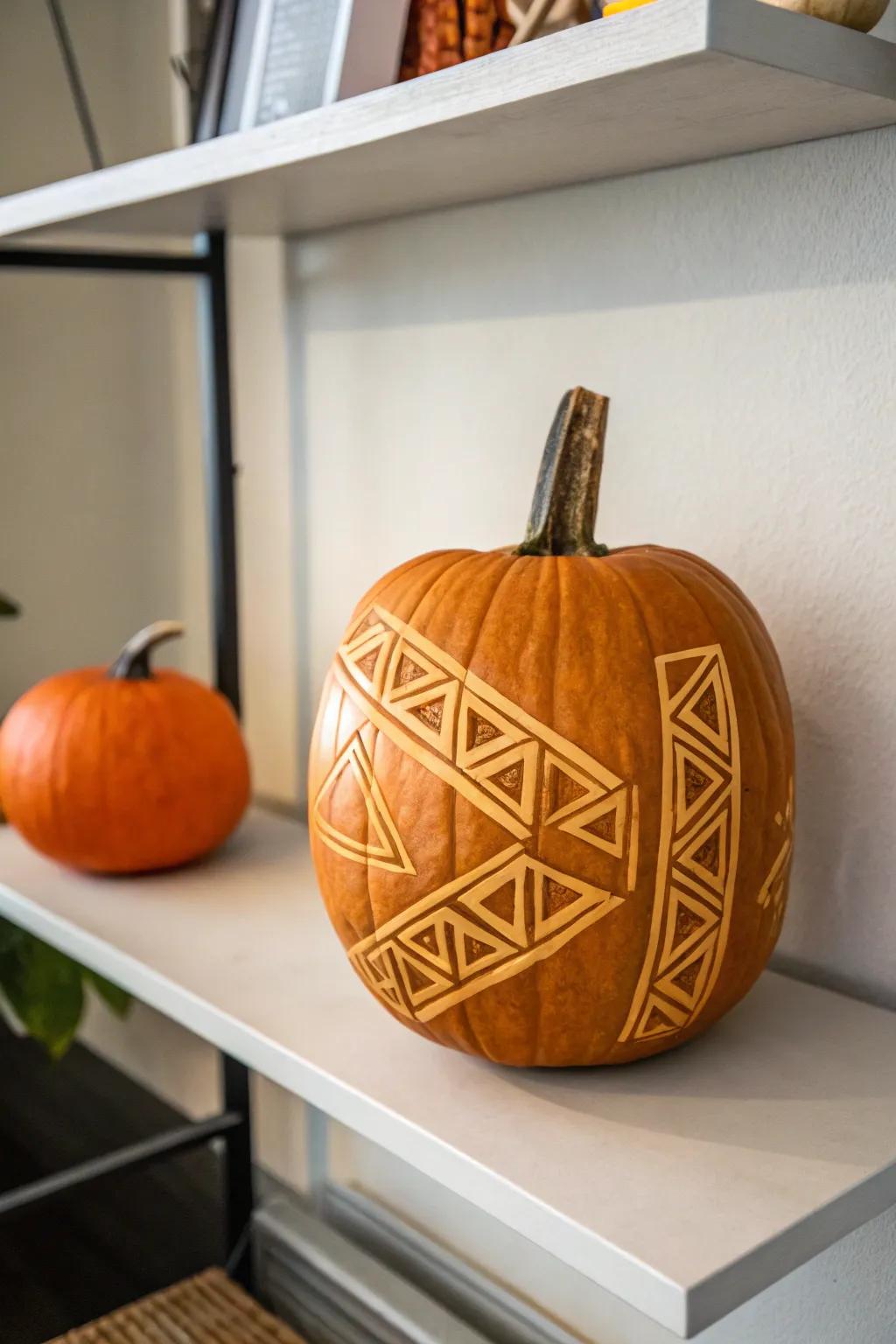 Abstract geometric mosaics provide a modern approach to gourd carving.