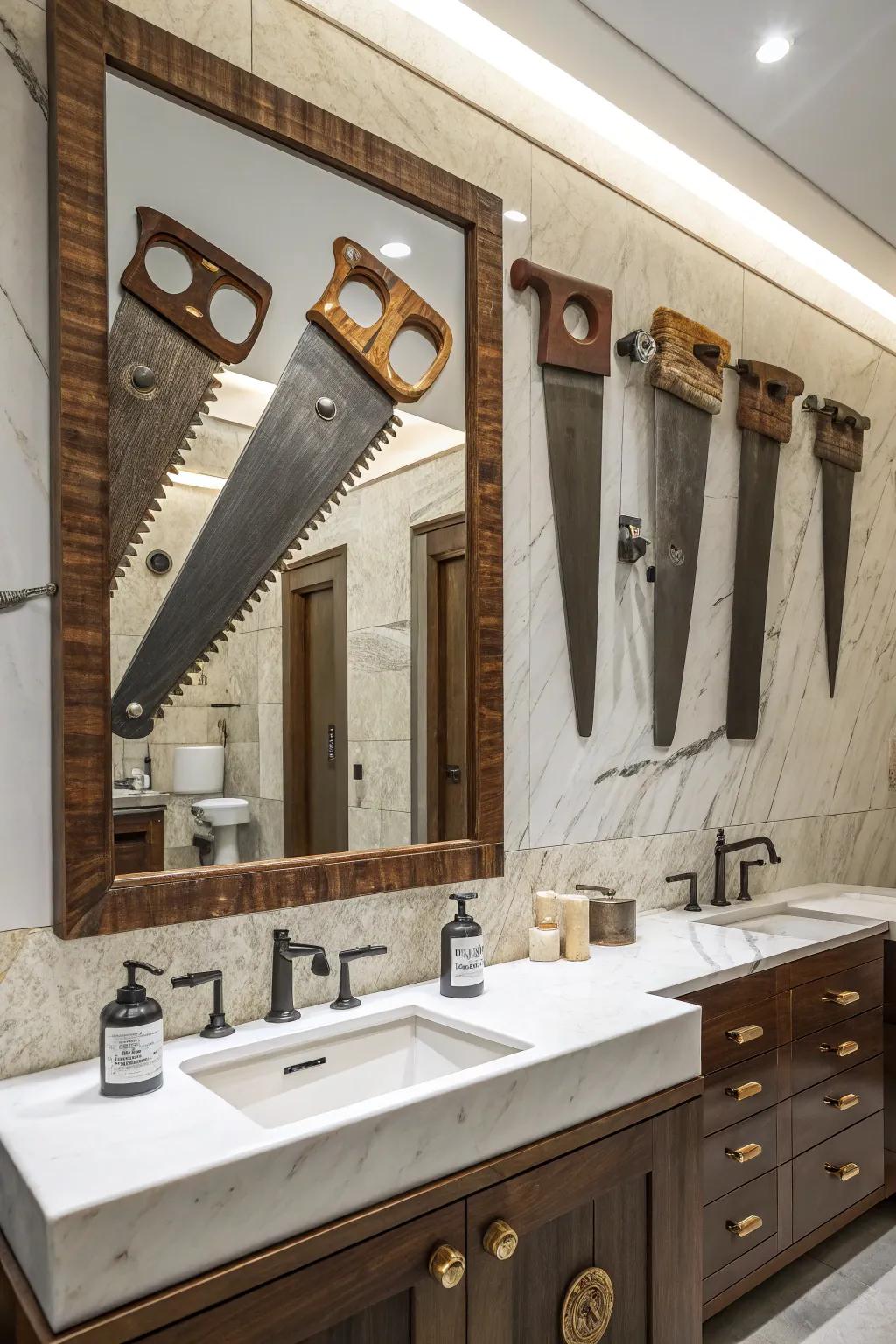 A mirror framed with hand saws for a creative look.