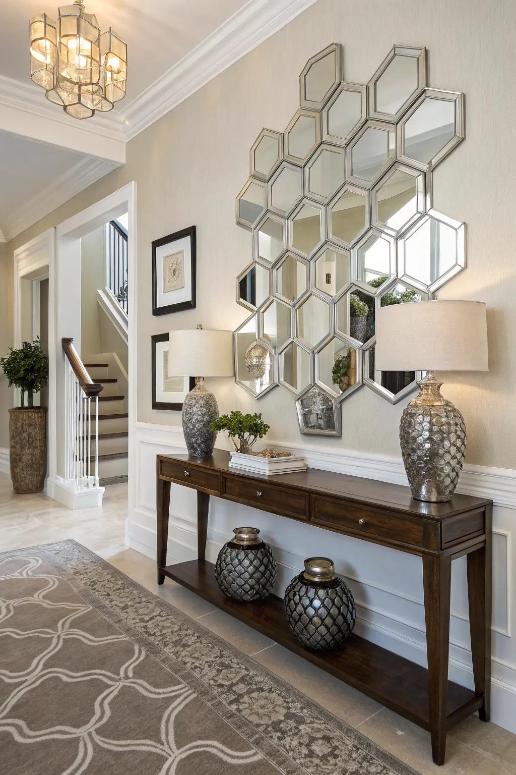 Mirrored hexagons create a dazzling effect and enhance light.