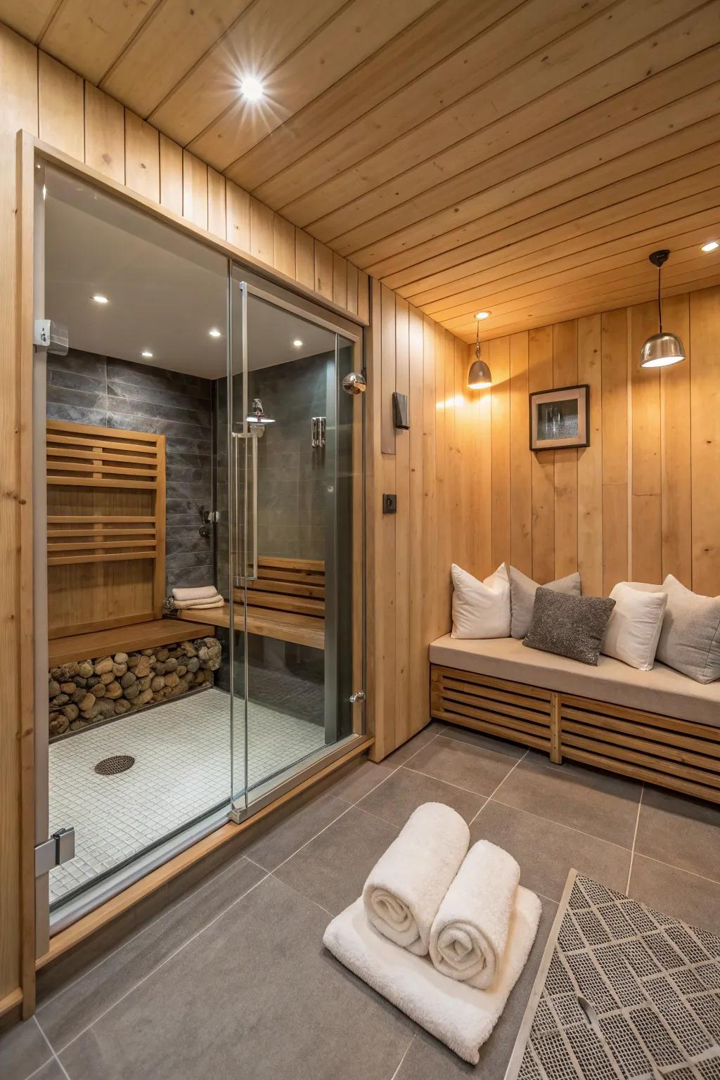 Wellness amenities complement the soothing environment of this sauna.