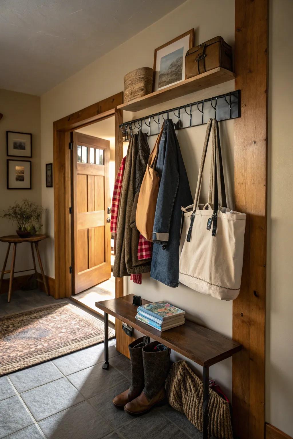 A coat stand offers a versatile storage solution for bags.