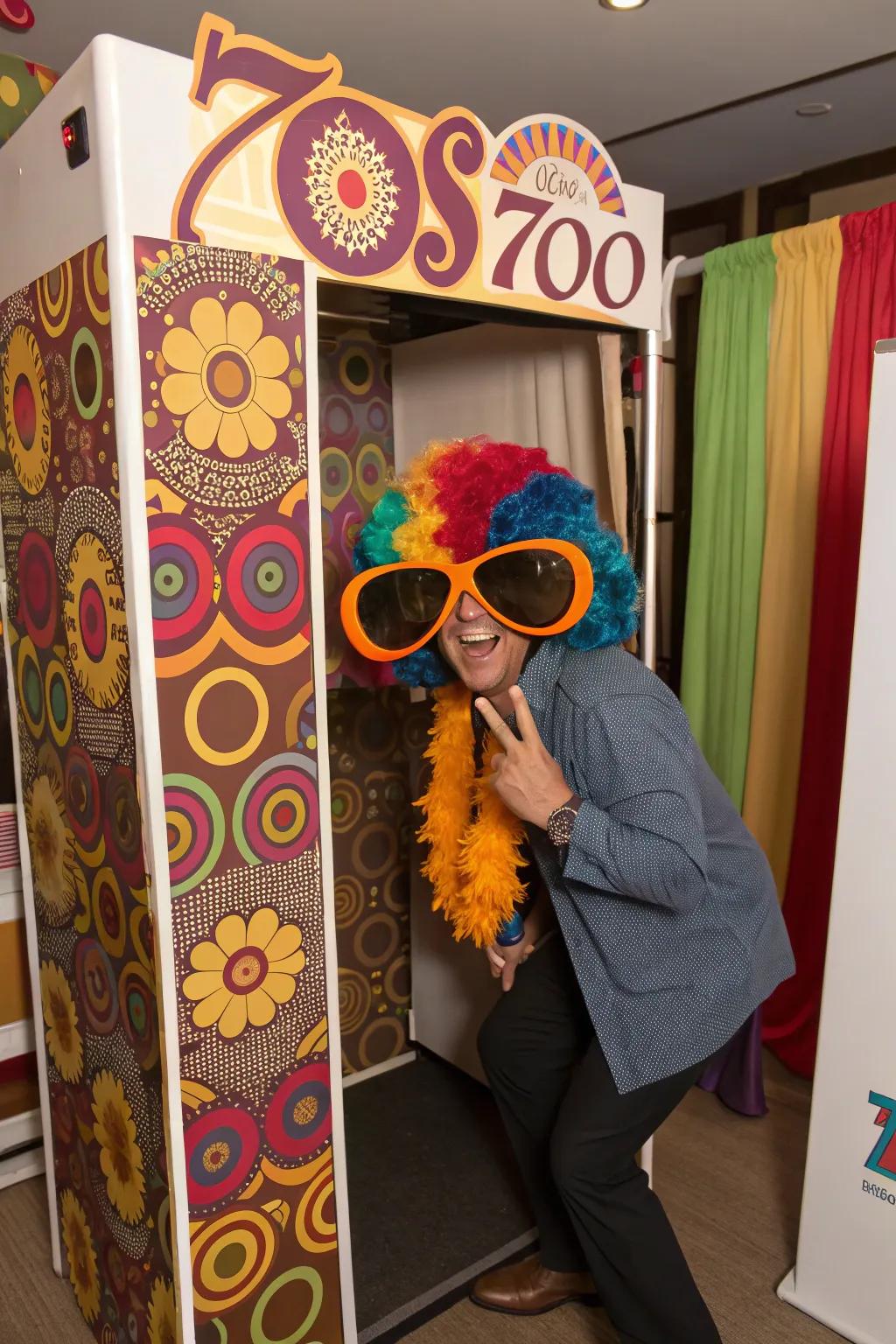 A fun 70s photo booth setup with playful props.