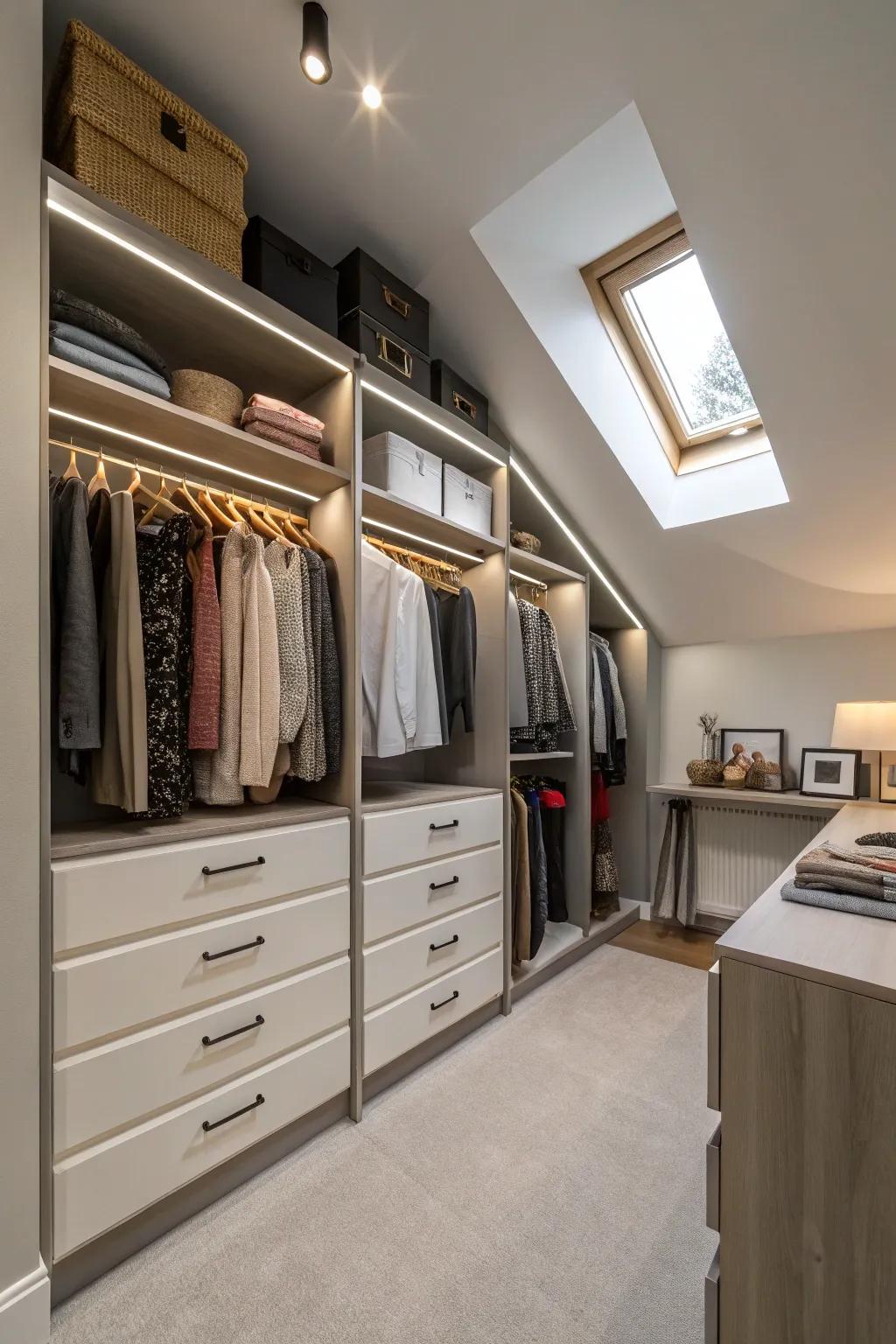 An ingeniously crafted walk-in closet within an atypical room configuration.