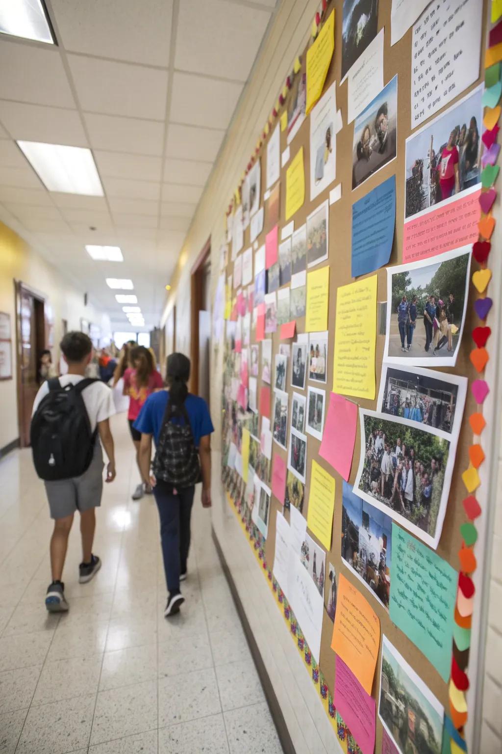 A hallway kindness memory lane with photos and notes celebrating past kind acts.