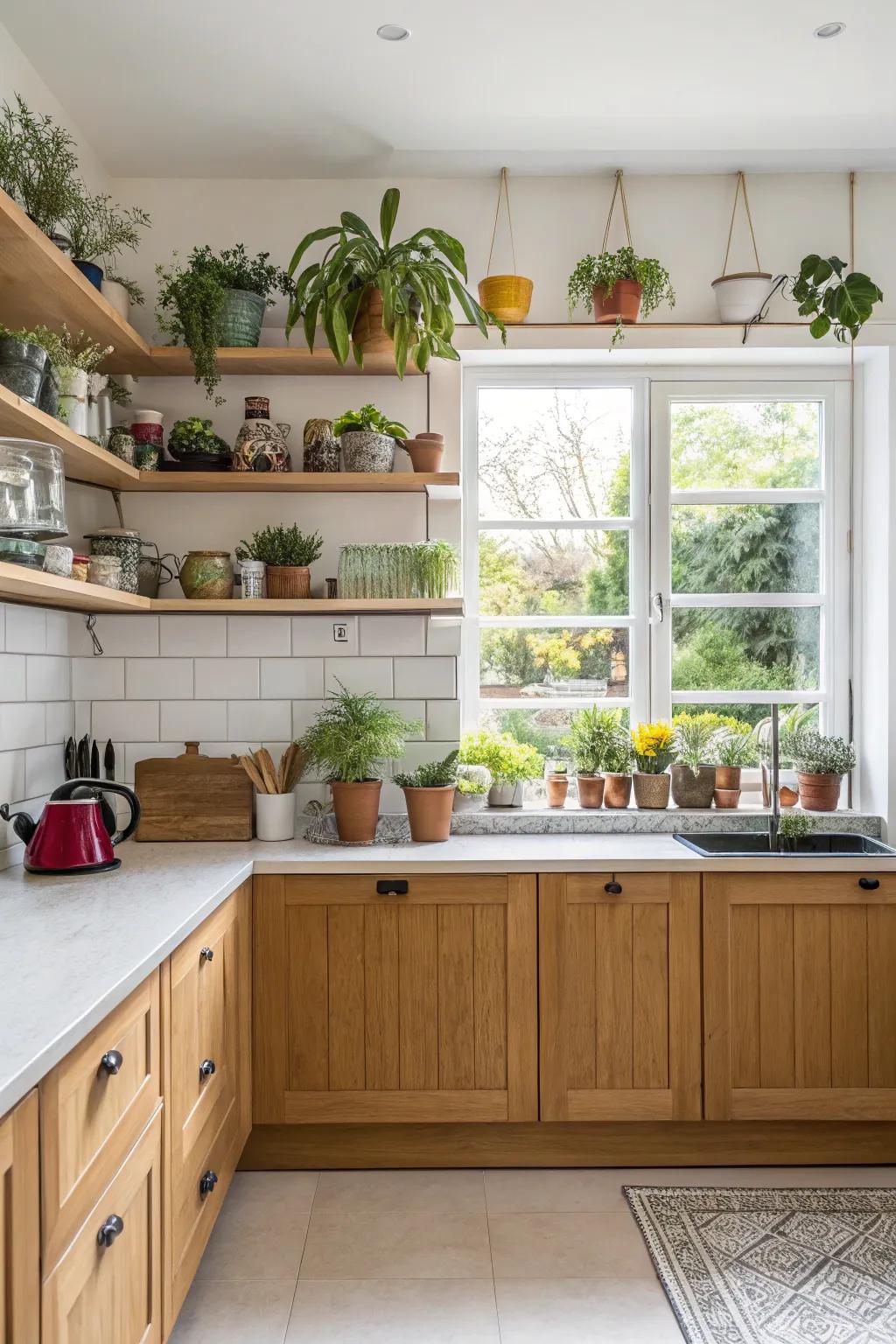 Backsplash window shelves merge storage with style, best for showcasing your prized possessions.