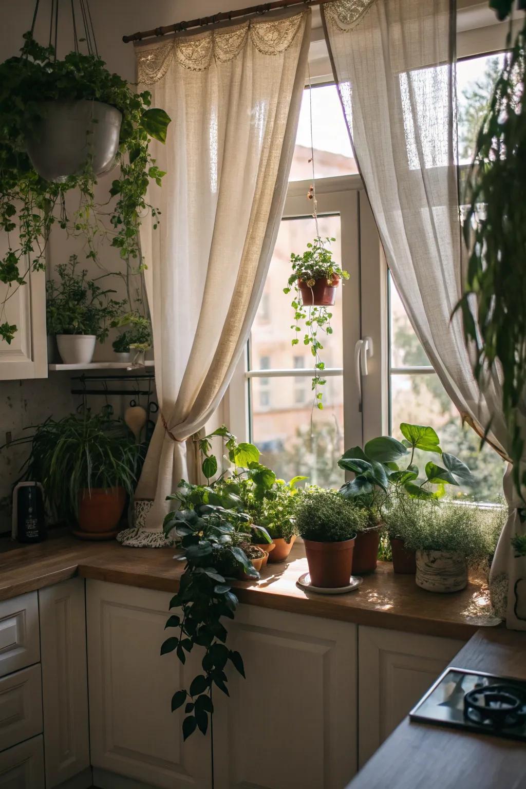 Curtains paired with plants create a fresh and inviting kitchen environment.