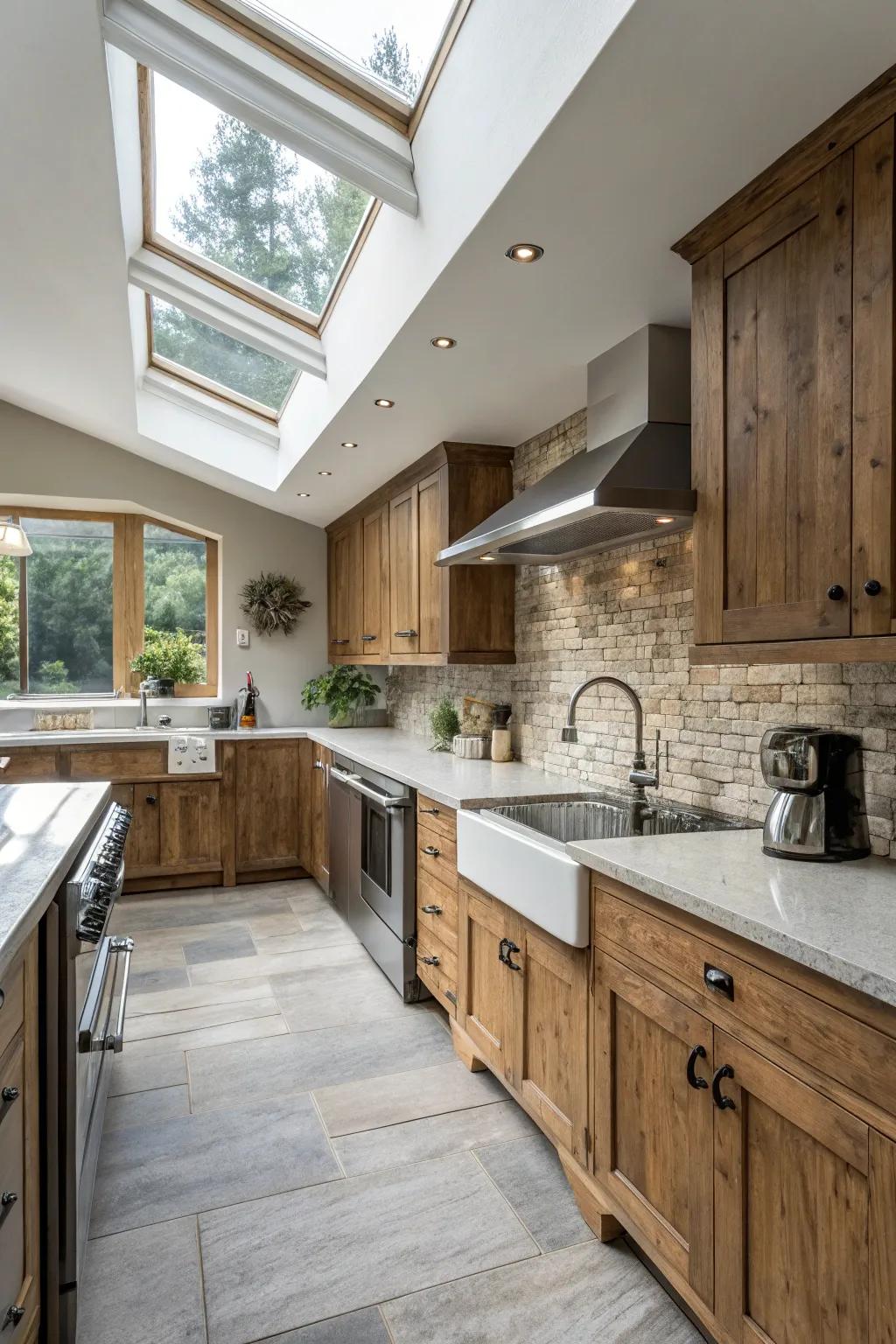 Skylights enhance both modern and rustic kitchen styles.