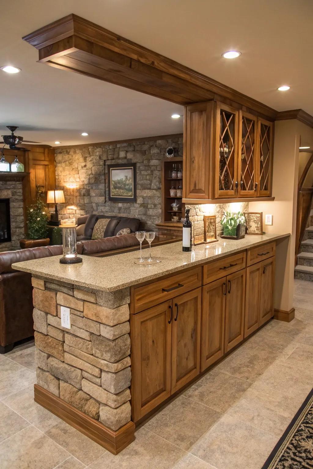 Stone countertops introduce countryside elegance to this bar.