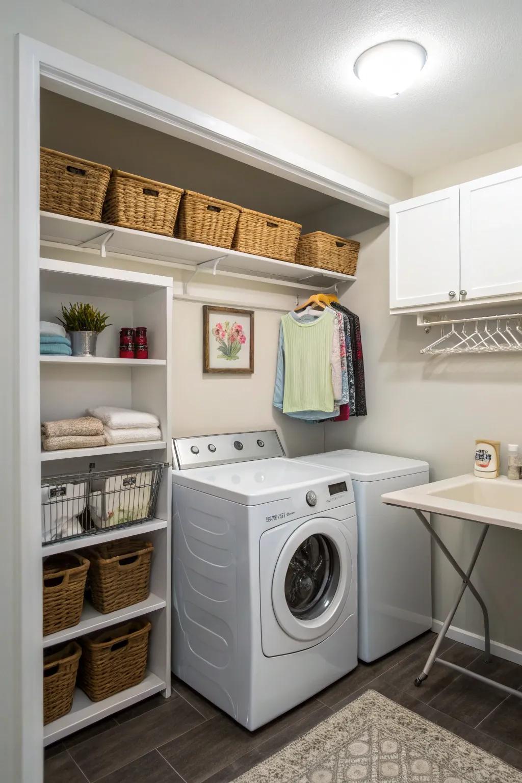 Corner setups make the most of limited space in laundry rooms.