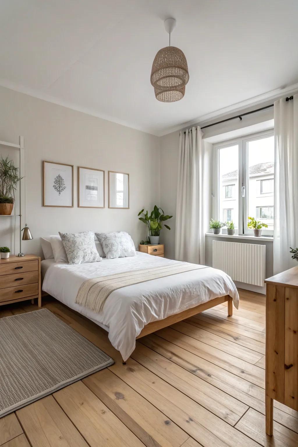 Nordic design harmonizing with pale timber flooring.