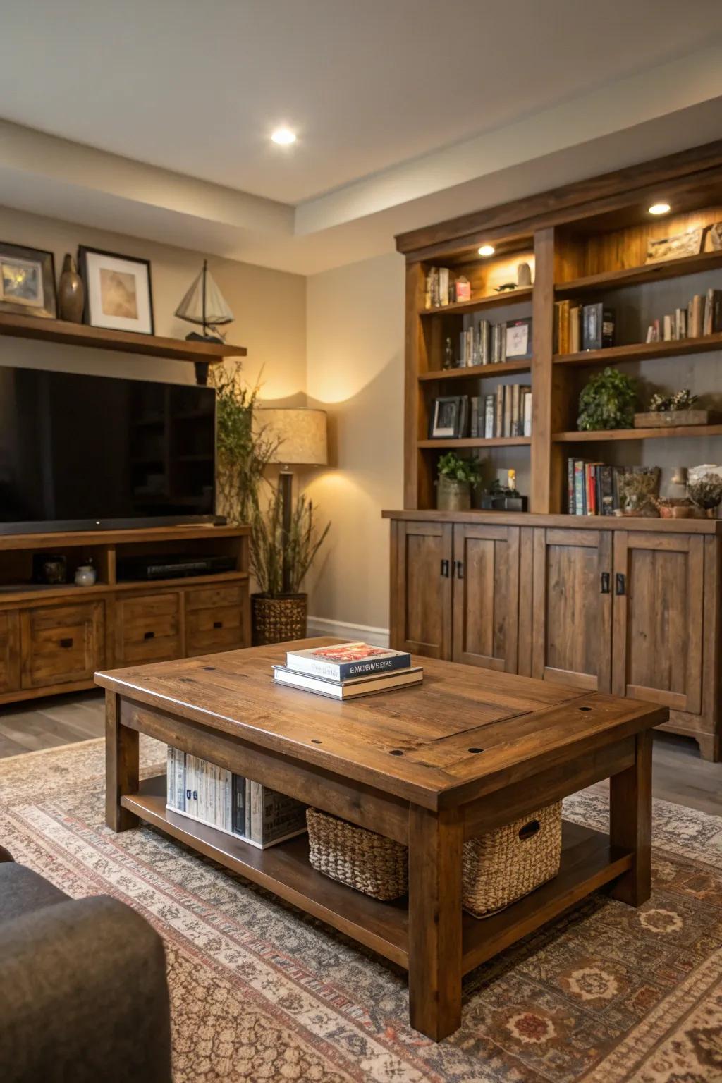 Wood accents add warmth and contrast to your living room.