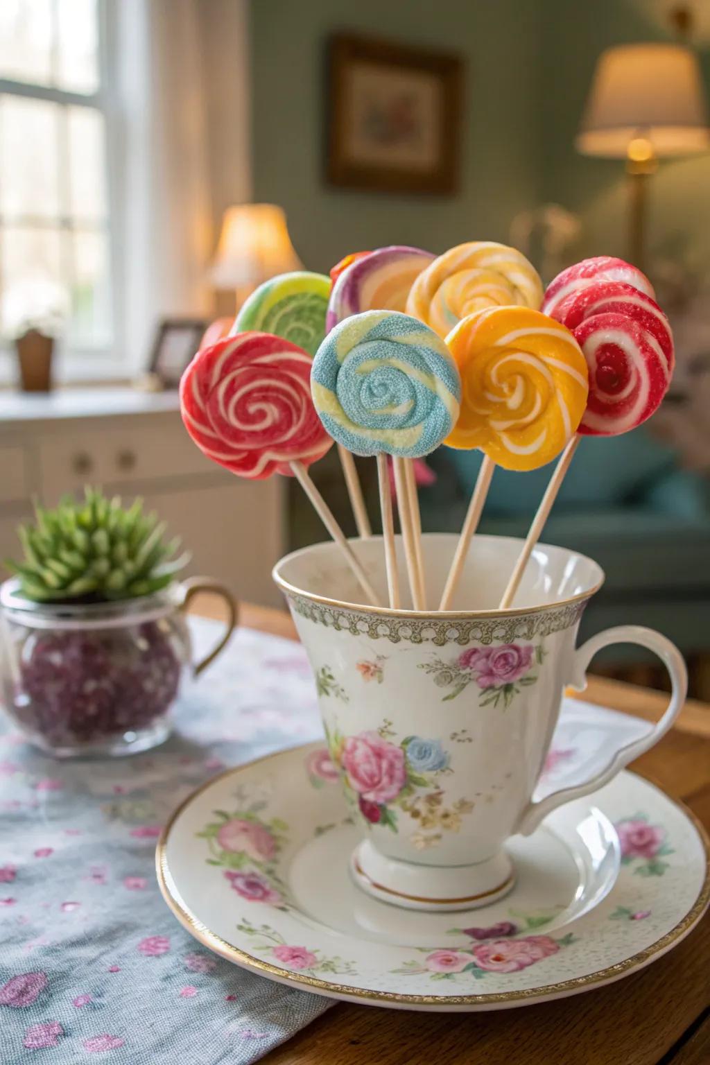 A whimsical sweet treat posy in a vintage tea cup