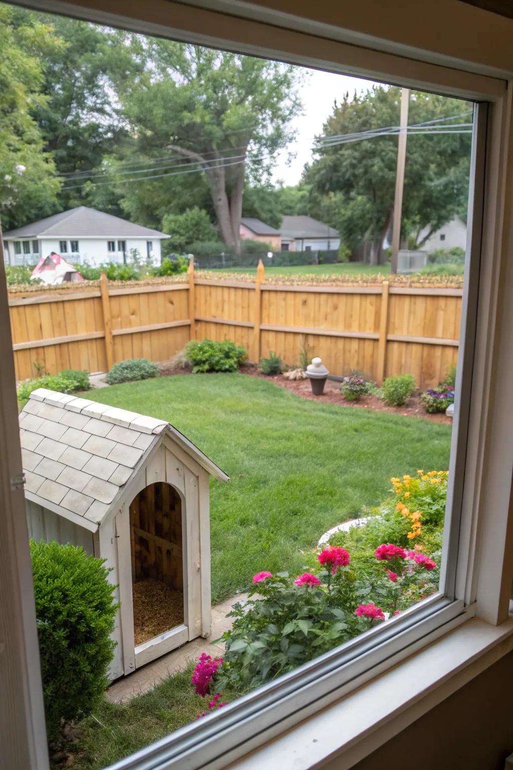 A clever dog window providing views beyond the backyard.