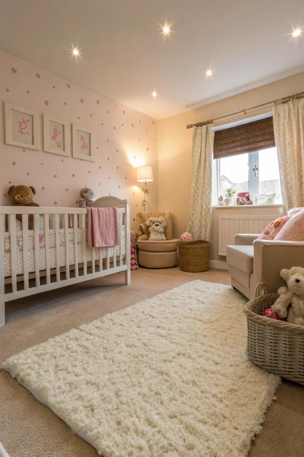 A nursery with luxurious carpeting creating a warm and cozy atmosphere.