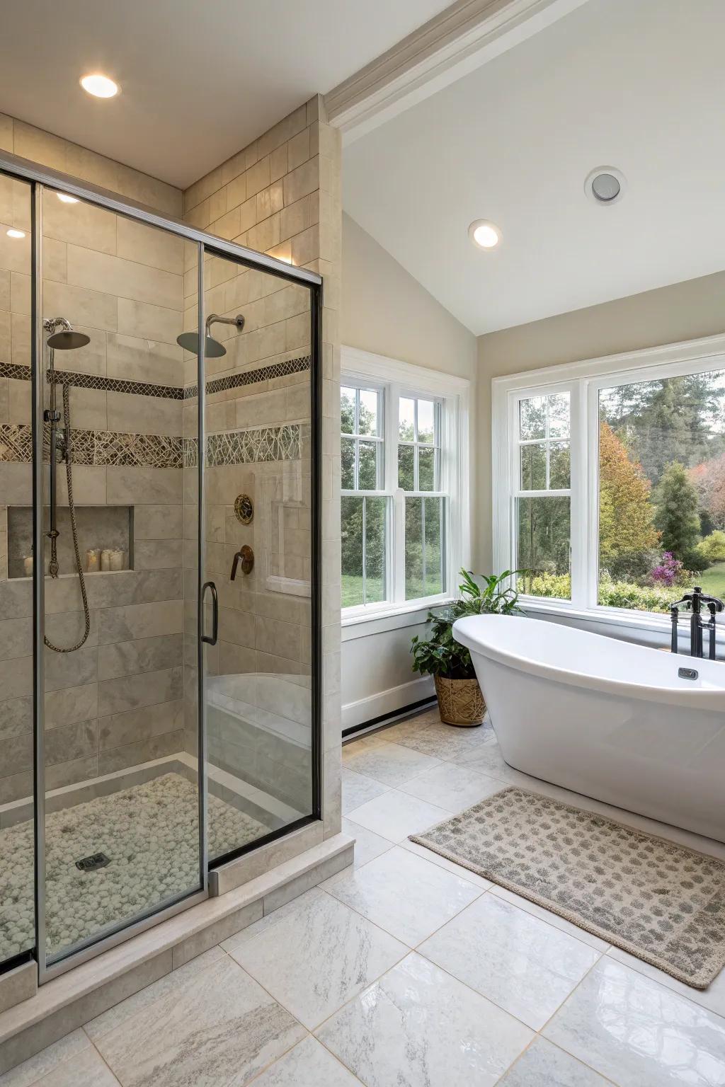 A primary bathroom featuring a walk-in shower and a stand-alone bathtub.