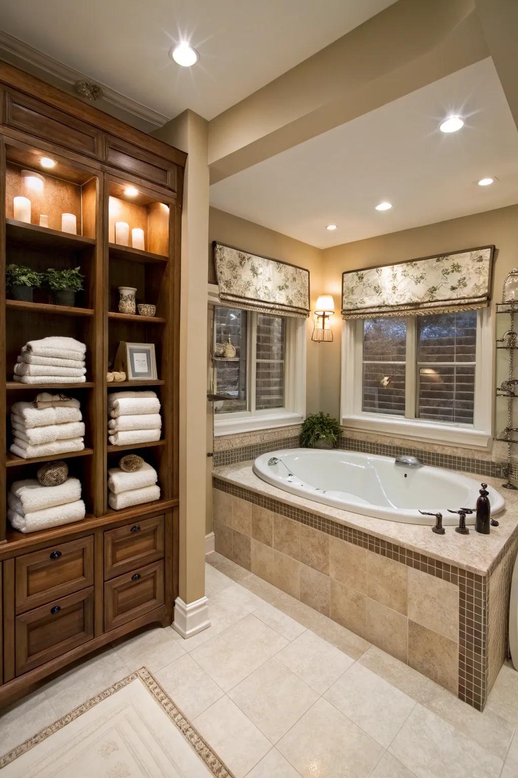 Practical shelves offer stylish storage options in the bathroom.
