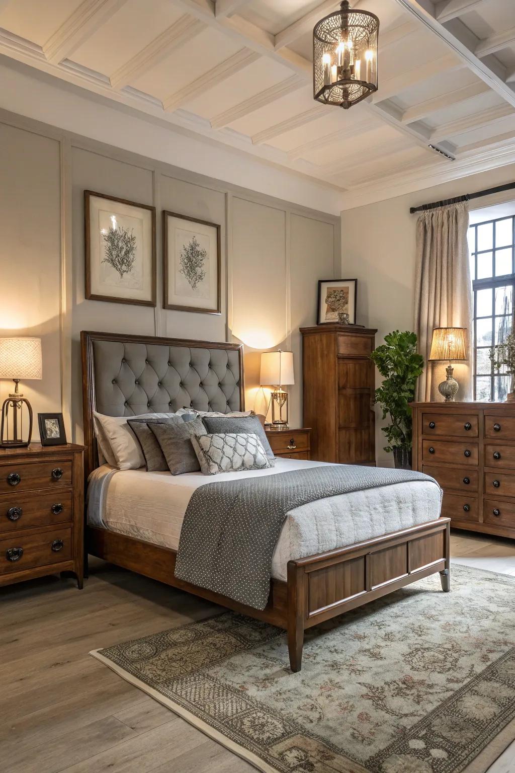 A bedroom featuring a blend of modern and classic furniture.