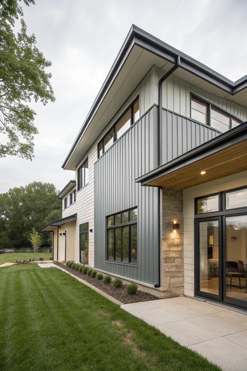 A modern house using accent metal cladding to highlight its unique architectural features.