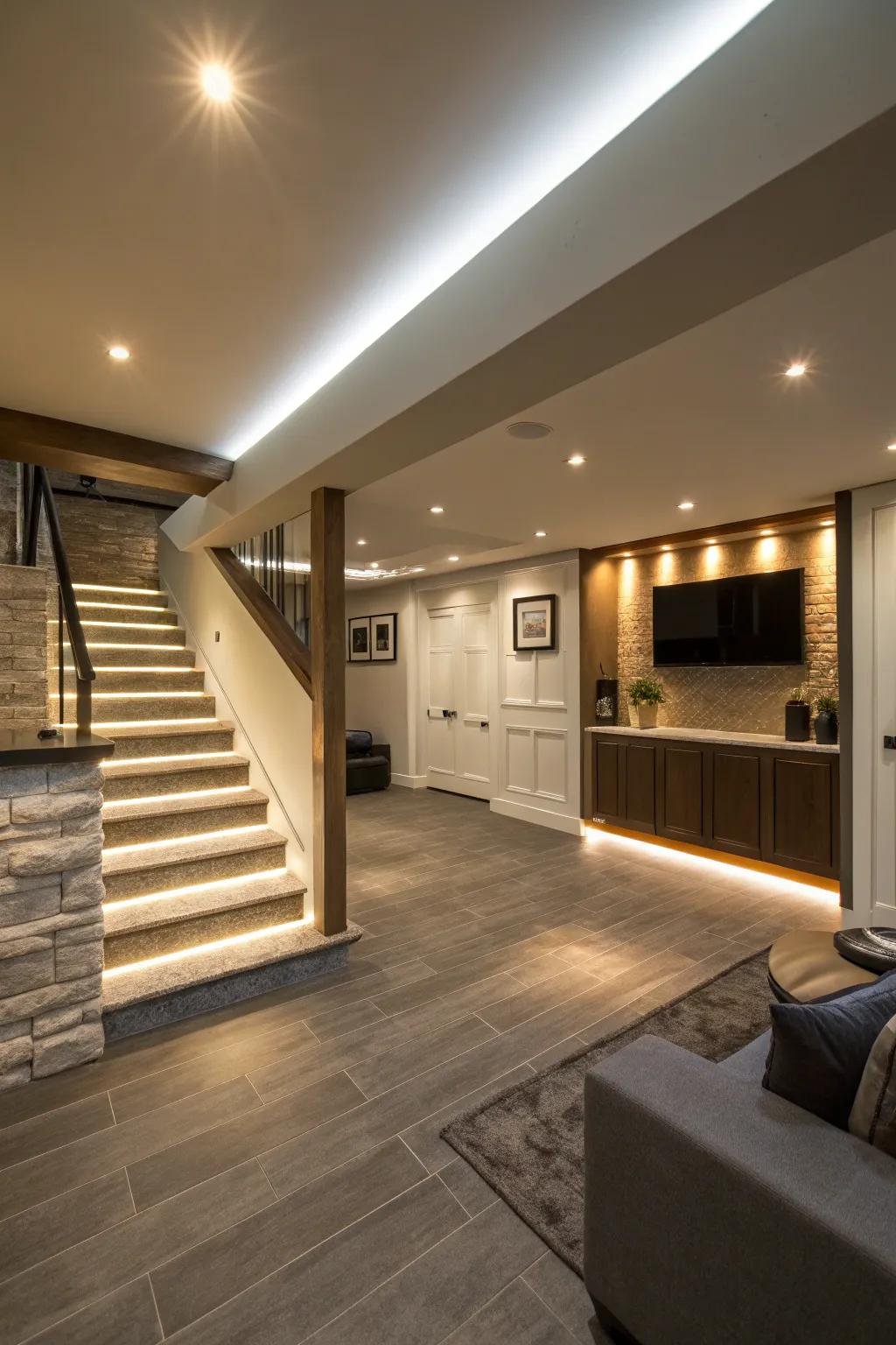 Layered illumination creates a balanced and inviting basement atmosphere.