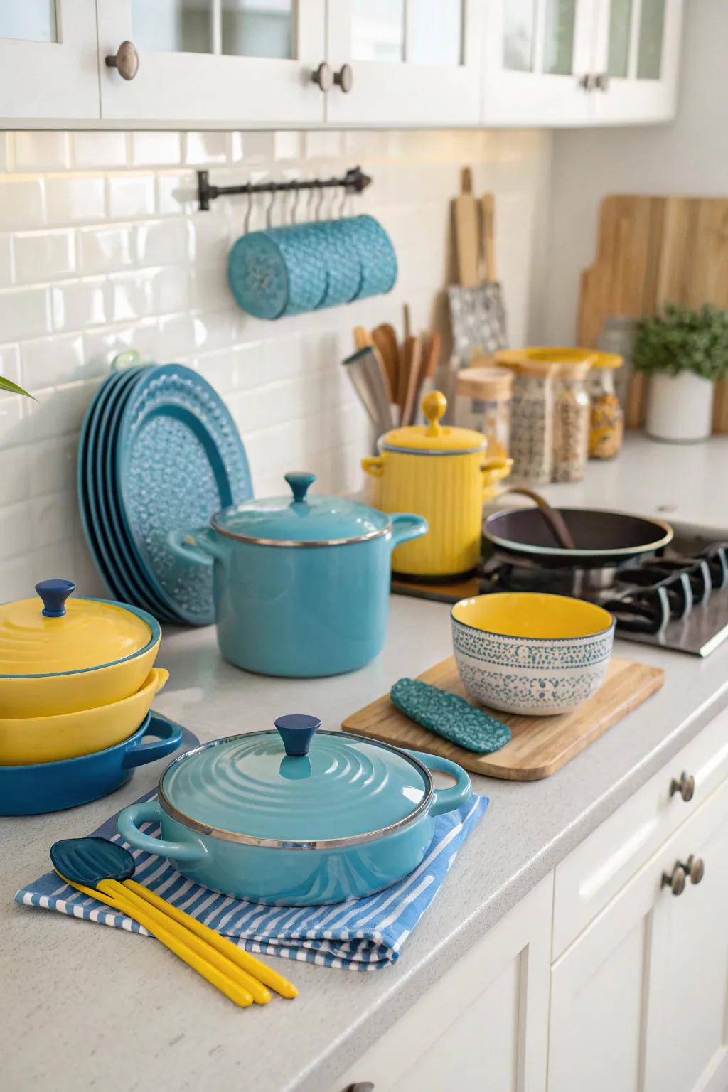 Color-coordinated kitchenware keeps the theme consistent and stylish.