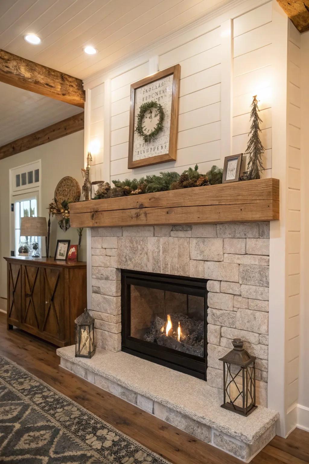 A barn beam mantel adds rustic charm and character.