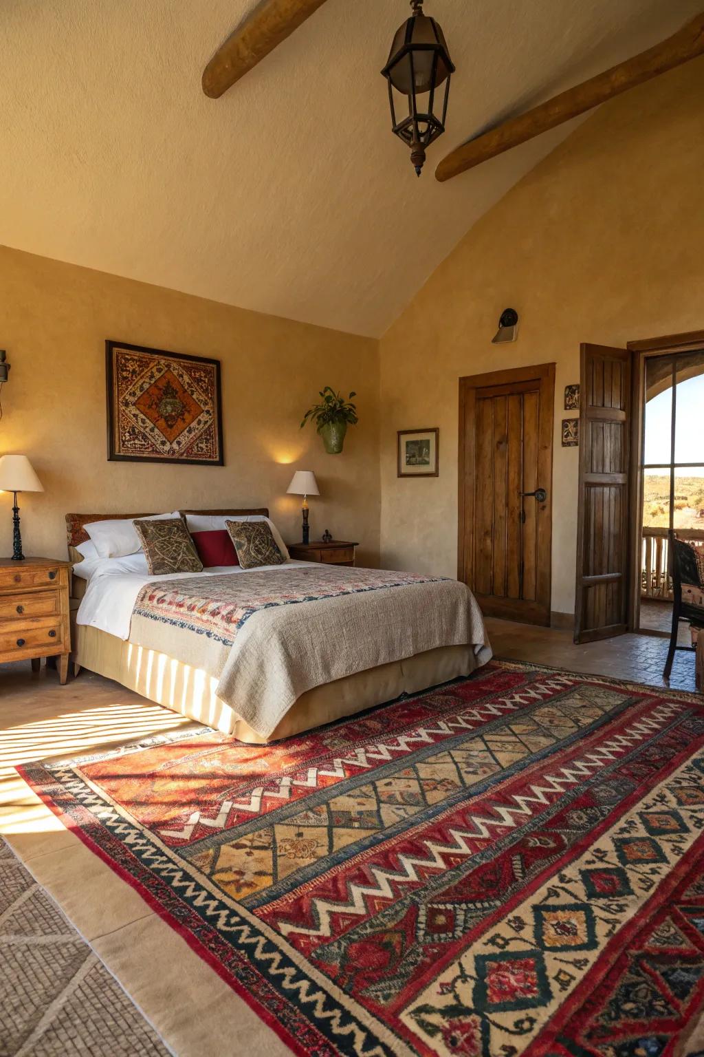 Vivid patterned ground coverings infuse a modern Spanish bedroom with vibrancy and harmony.