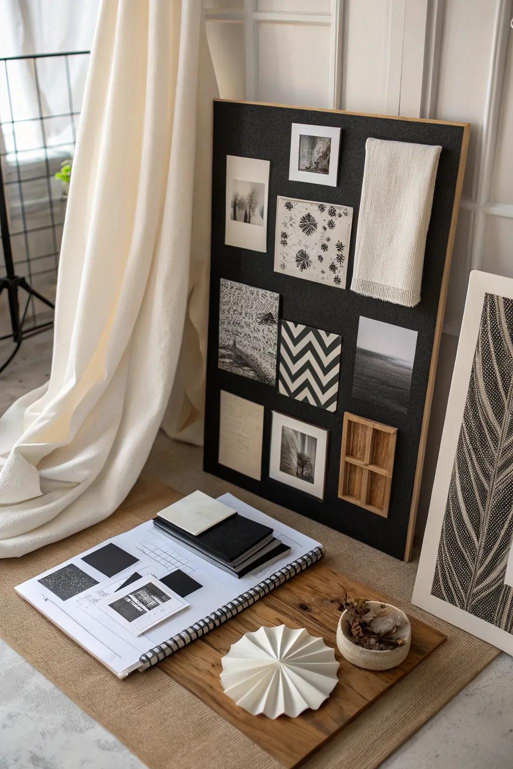 A monochrome mood board exuding timeless elegance.