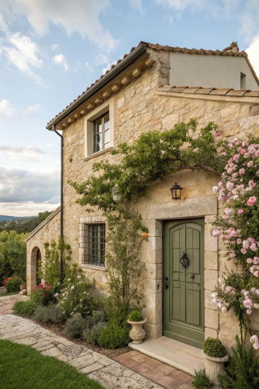 Olive green front door adds an earthy tone to a beige house.