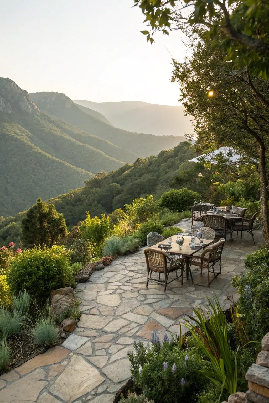 An inviting stone terrace impeccably suited for feasting and unwinding outdoors.