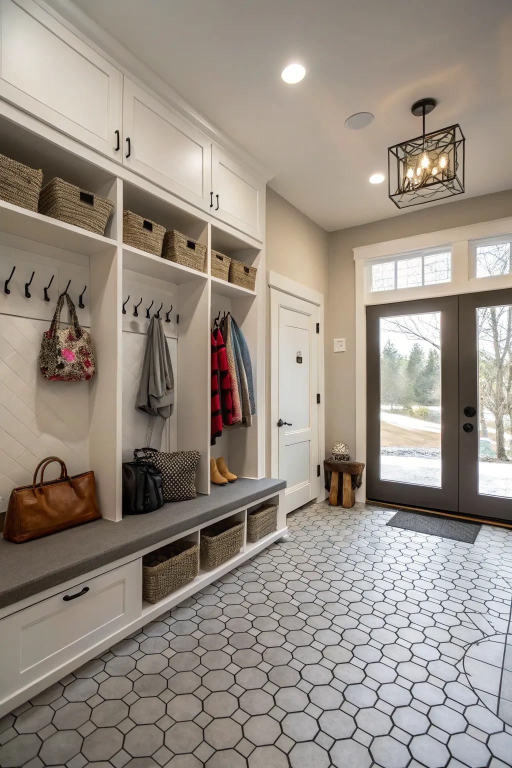 Hexagonal tiles adding modern flair to a mudroom