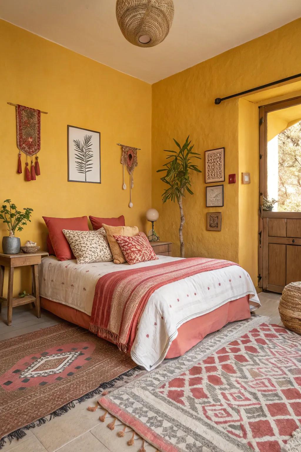 A bedroom with mustard yellow, terracotta, and coral accents.