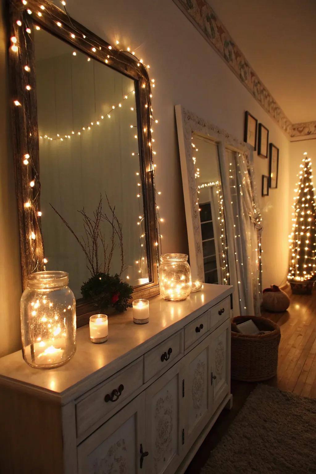 Fairy lights create a magical glow for a cozy atmosphere.