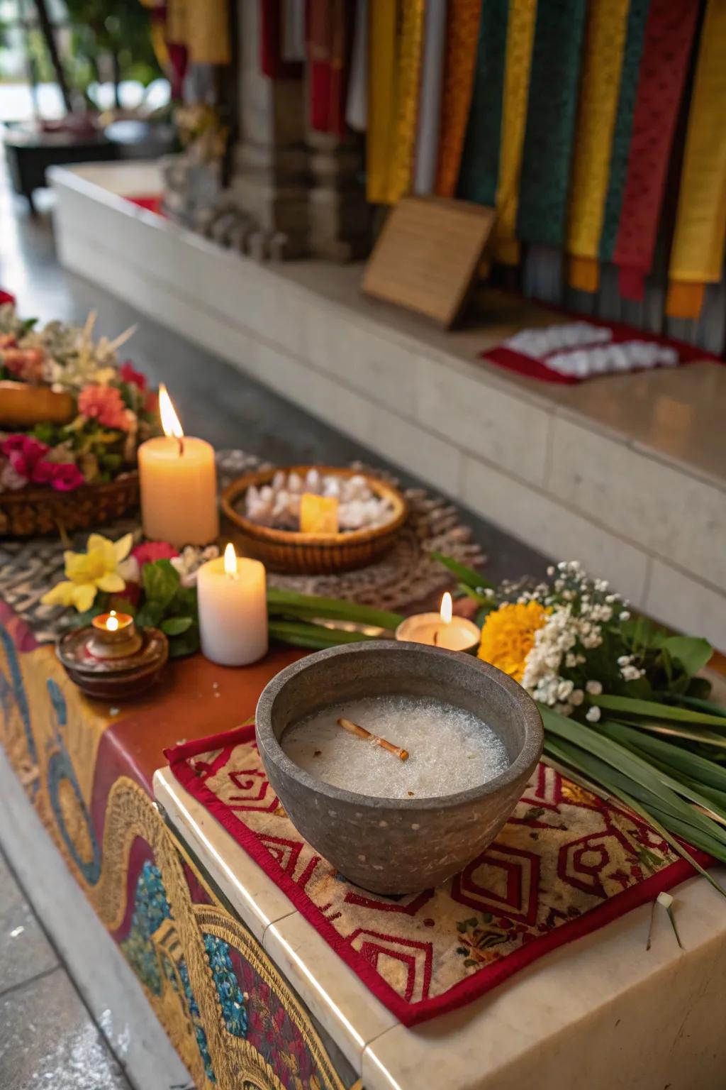 Water and salt symbolize purity and balance on the ofrenda.