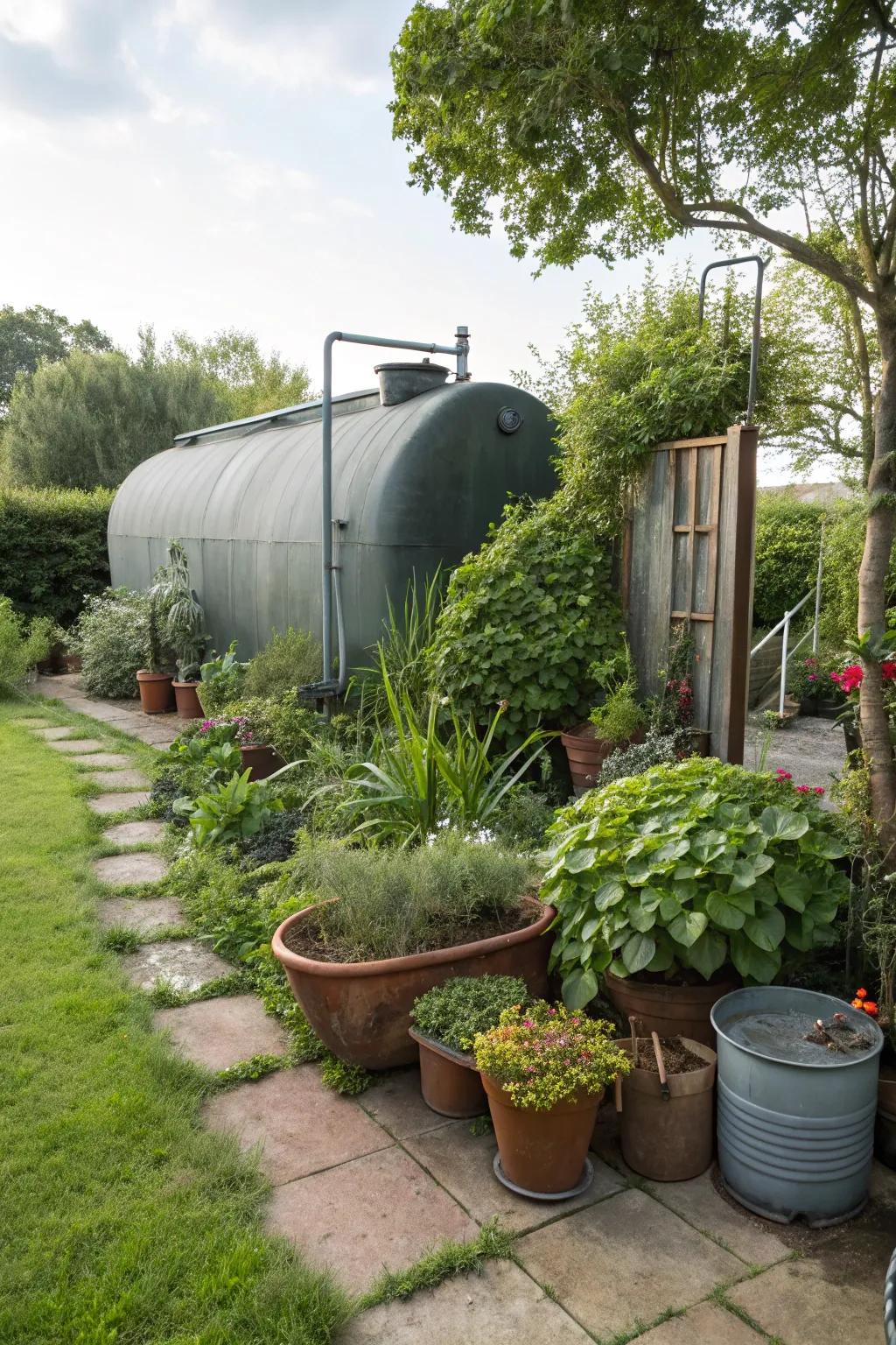 An oil tank discreetly hidden by a diverse array of potted plants.