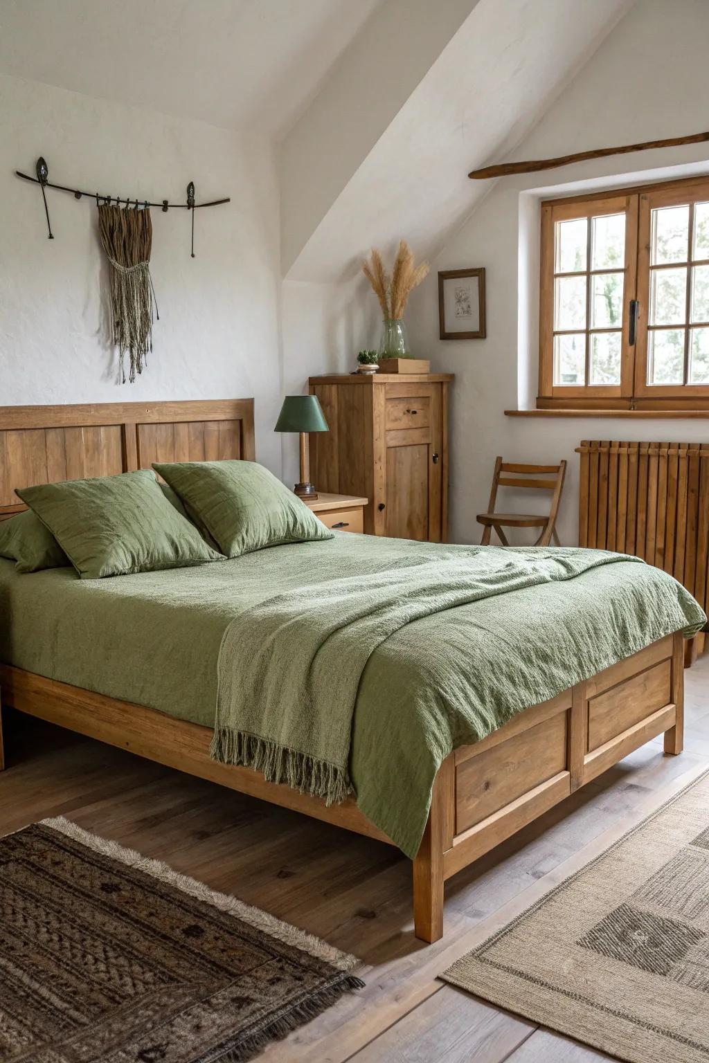 Wood elements enhance the earthy feel of olive green bedding.