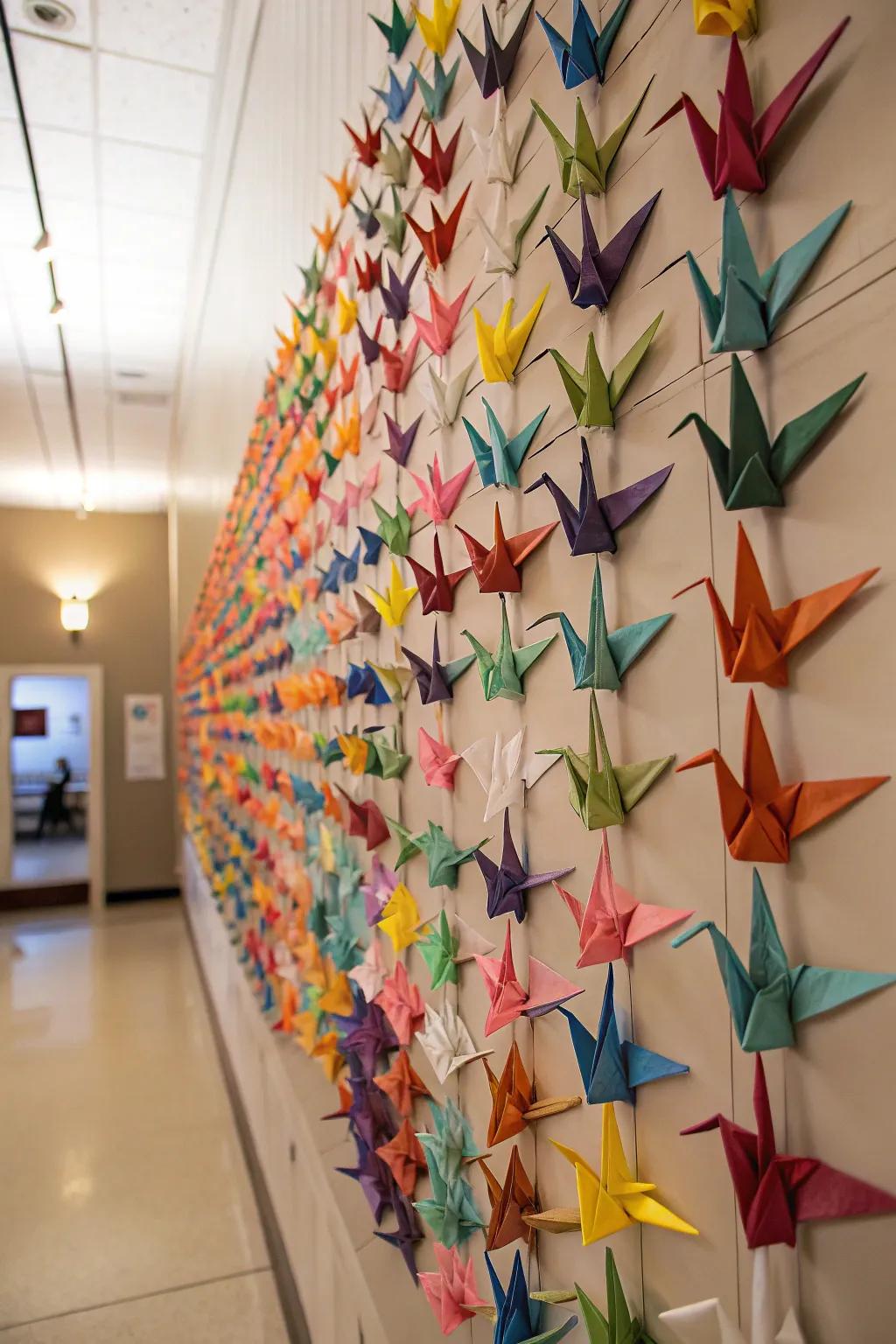 Groupings of avian figures creating wall art.