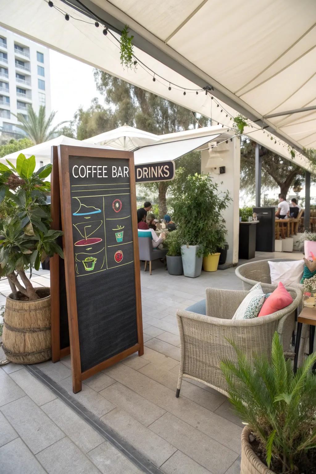 A charming chalkboard menu adds a café feel to this outdoor coffee bar.