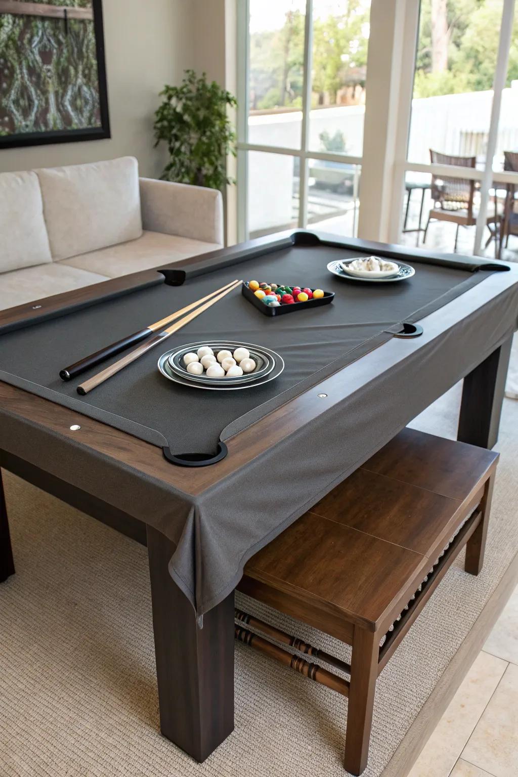 A billiards table featuring a convertible shield that serves as a dining surface.