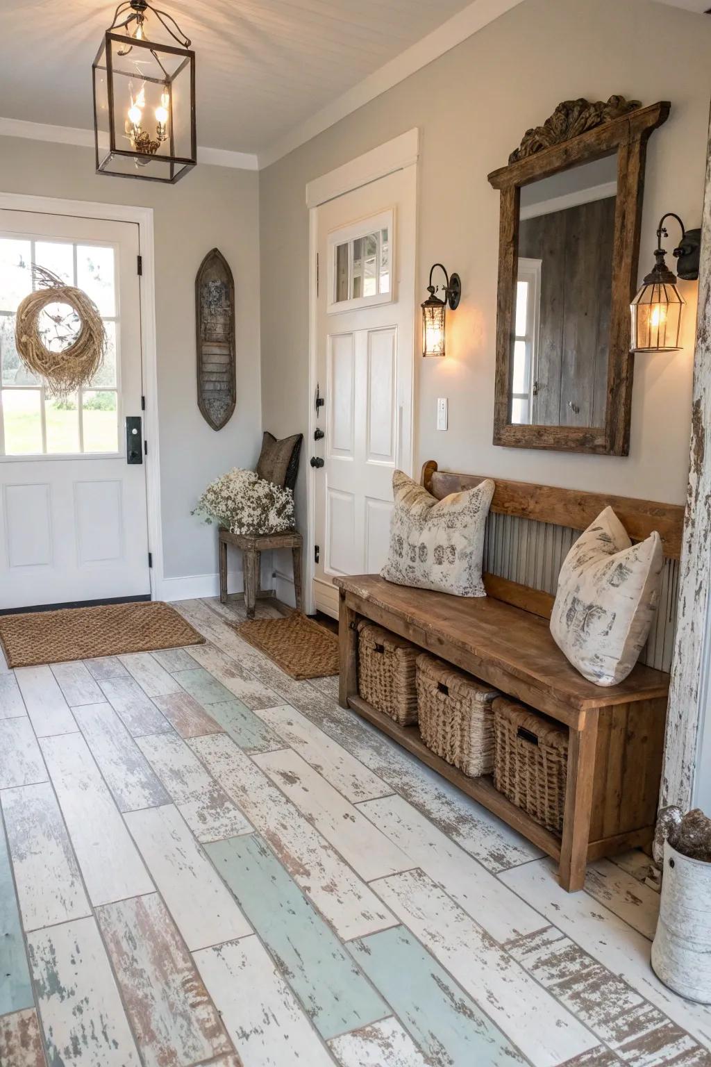 An entryway with rustic farmhouse painted floors, adding warmth and character to the space.